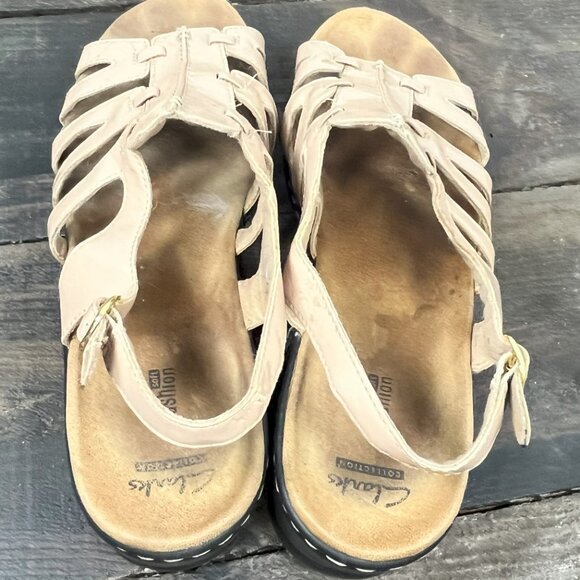 Clarks Collection Beige Patent Leather Lexi Marigold Wedge Open Toe Sandals 11W - Picture 9 of 10